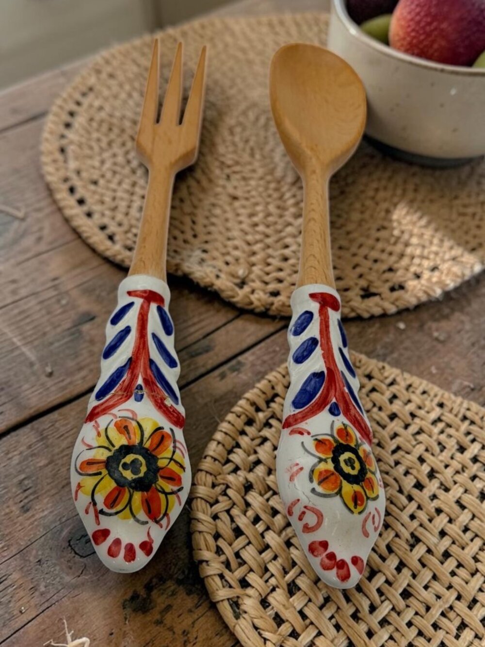 Italian Hand-Painted Ceramic & Wood Salad Server Set–VTG Floral Serving Utensils